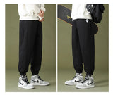 mens high street loose fit elastic waist pants winter warm fleece pants hip hop solid drawstring sportwear sweatpants joggers unique joggers style 1669