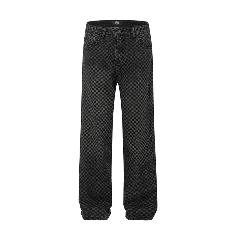 men streetwear fashion hip hop loose casual print black plaid denim pant jeans man vibe straight cowboy baggy jeans trousers unique jeans style 1577