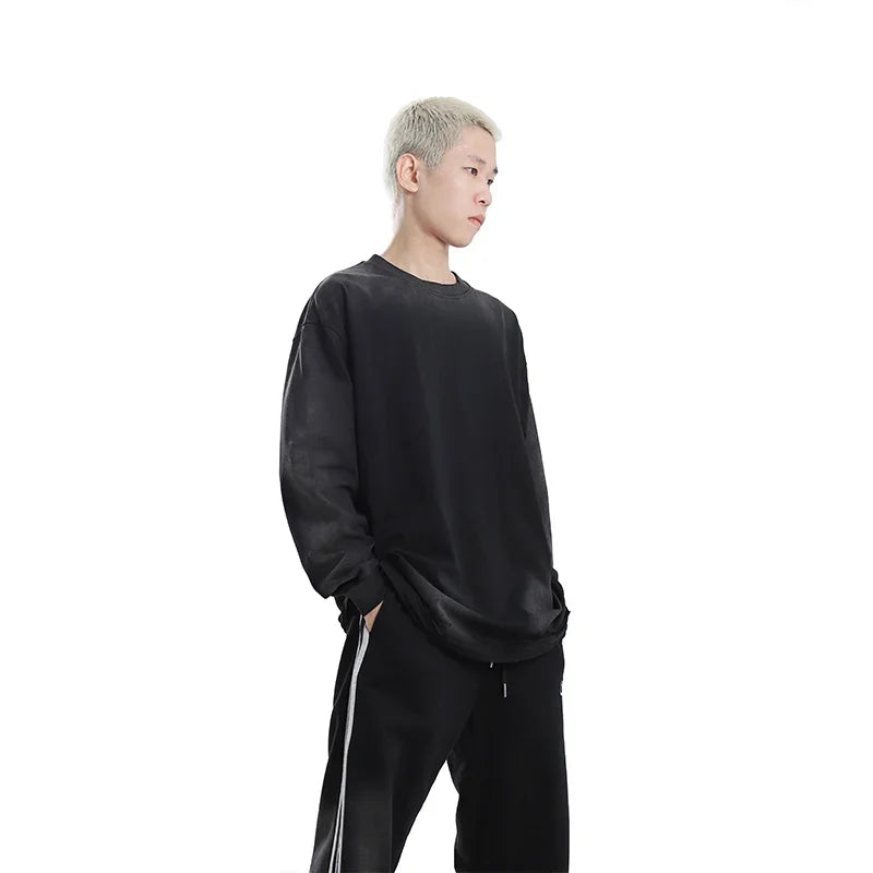 Vaporwave Barcode glitch – Mens Streetwear Hole Washed Cotton Long Sleeve Loose Casual