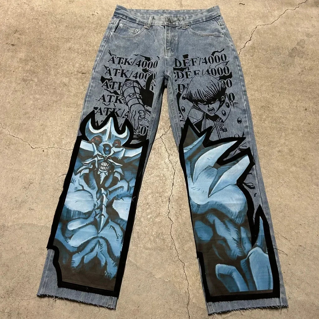harajuku high street y2k baggy jeans punk popular print wide leg denim pants jeans streetwear trouser men clothing unique jeans style 2160