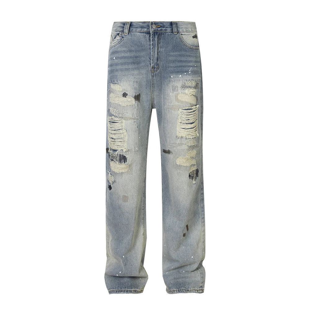 mens fashion ripped jeans blue straight baggy jeans trousers luxury loose casual distressed denim pants male 1 unique jeans style 4600