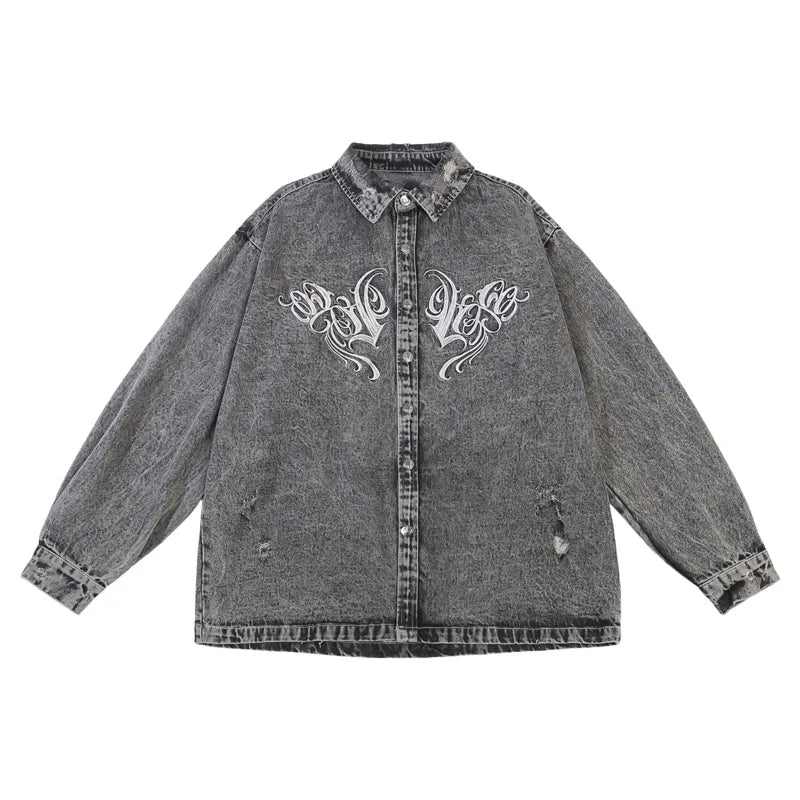 Hip Hop Denim Jeans Shirt Harajuku Retro Washed Letter Embroidery Long Sleeve Shirts for Men High Street Casual Loose Tops Shirt