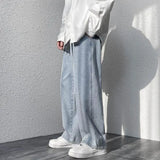 korean mens casual long jeans loose retro straight baggy pants denim wide leg pants light blue grey black retro washed jeans vintage washed jeans