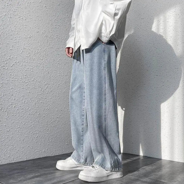 korean mens casual long jeans loose retro straight baggy pants denim wide leg pants light blue grey black retro washed jeans vintage washed jeans