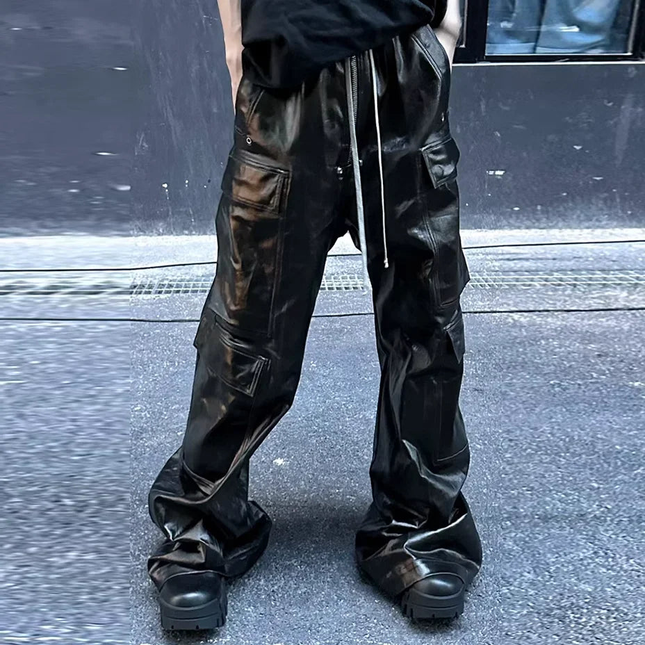 ro style matte pu leather pants for men high street y2k pantalones hombre baggy overall wide leg drawstring cargo pants unique cargo style 5553