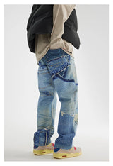 fashion fake patchwork printed denim jeans mens new casual zipper straight loose jeans streetwear hip hop baggy pants joggers unique joggers style 2424