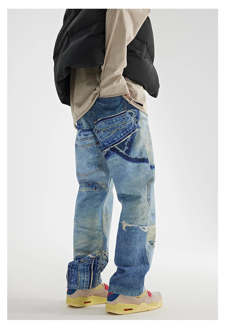 fashion fake patchwork printed denim jeans mens new casual zipper straight loose jeans streetwear hip hop baggy pants joggers unique joggers style 2424