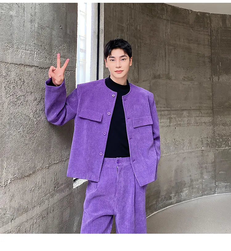 men 2 pieces sets corduroy short jacket wide leg pant suits korean streetwear fashion loose casual retro coat baggy trousers unique shorts style 2798