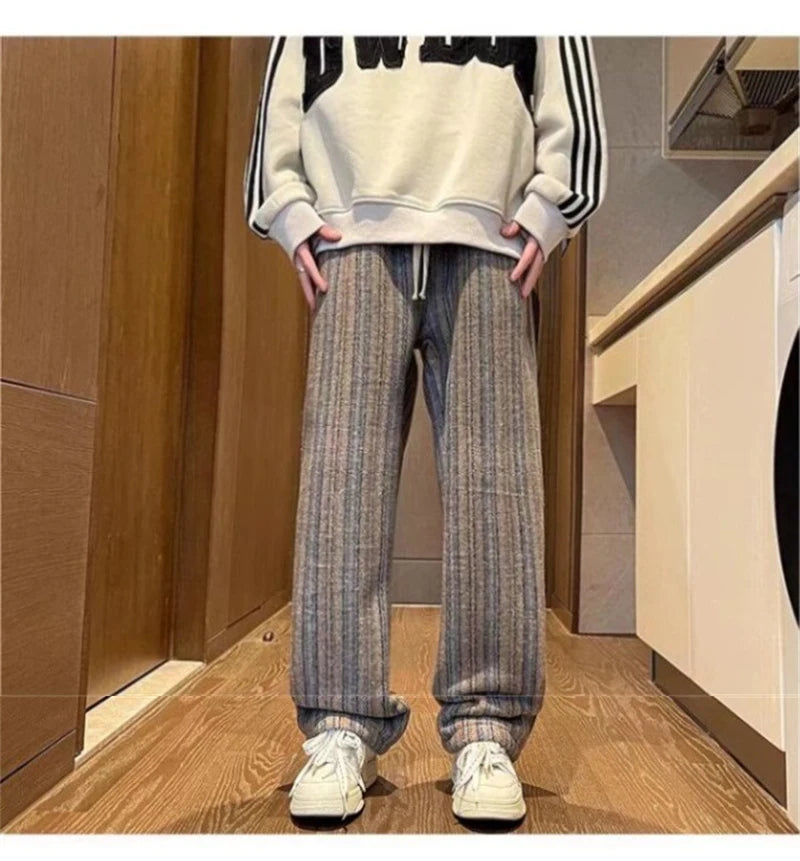 autumn striped woolen straight leg pants for men classic y2k vintage baggy trousers new casual high street fashion sweatpants unique joggers style 286