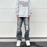 high street black washed straight jeans lowrise hip hop ripped jeans pants for men baggy vintage fashion wide denim pants women vintage washed jeans