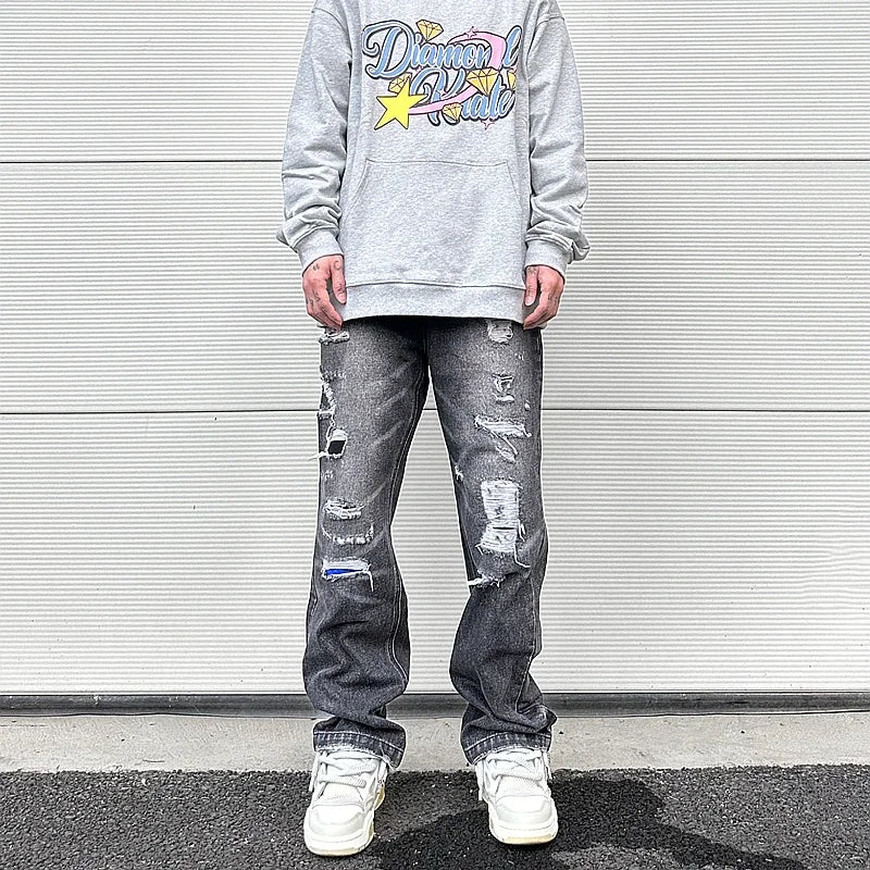 high street black washed straight jeans lowrise hip hop ripped jeans pants for men baggy vintage fashion wide denim pants women vintage washed jeans