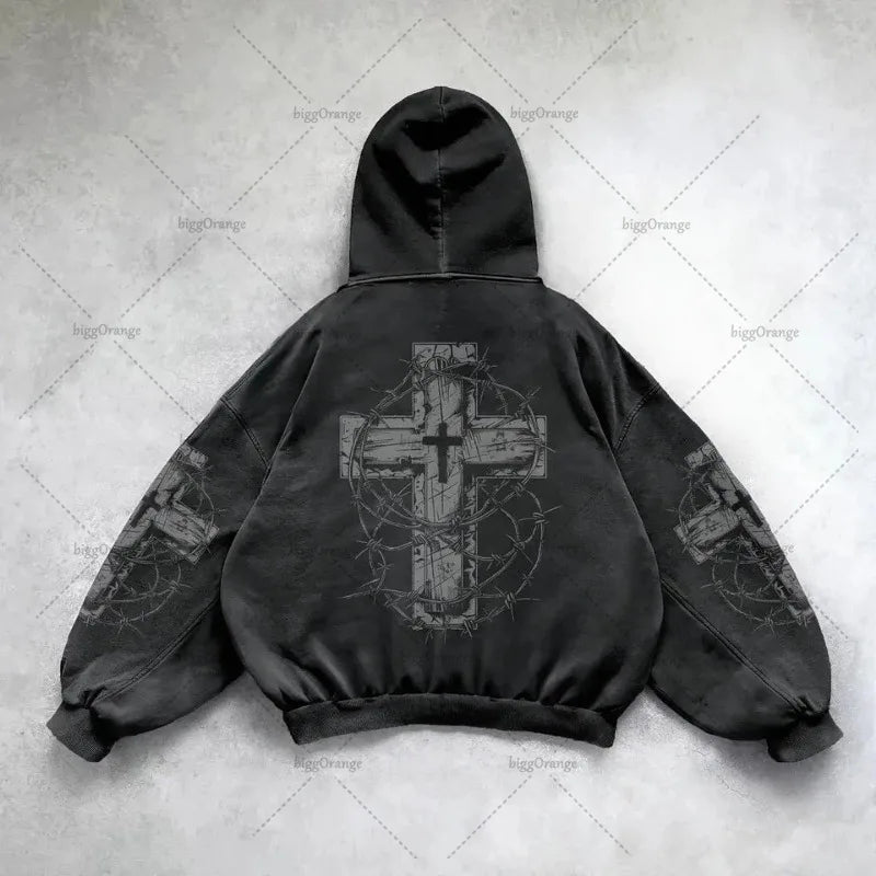 Gothic Punk Style Y2K Harajuku Retro Hoodie Cross Hip-hop Casual Loose Oversized Sweatshirt