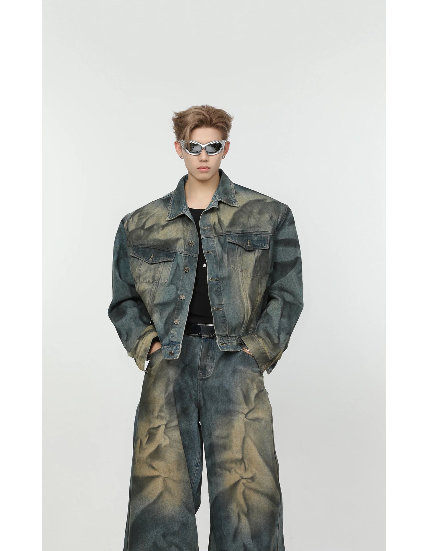 2 pieces sets mens fashion dirty graffiti wide shouder denim jeans jacket coat and wide legs pants joggers new streetwear sets unique joggers style 4578