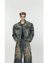 2 pieces sets mens fashion dirty graffiti wide shouder denim jeans jacket coat and wide legs pants joggers new streetwear sets unique joggers style 4578