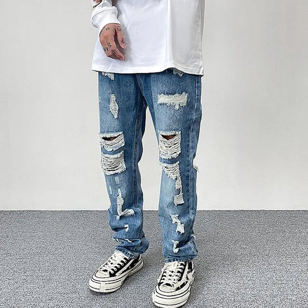 Harajuku Frayed Hole Straight Washed Retro Baggy Men's Jeans High Street Ripped Hip Hop Casual Oversized Denim Trousers