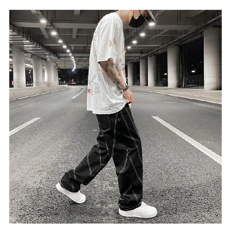 fashion design lines denim jeans mens zipper loose straight trousers hip hop new casual streetwear pants joggers baggy jeans unique joggers style 1456