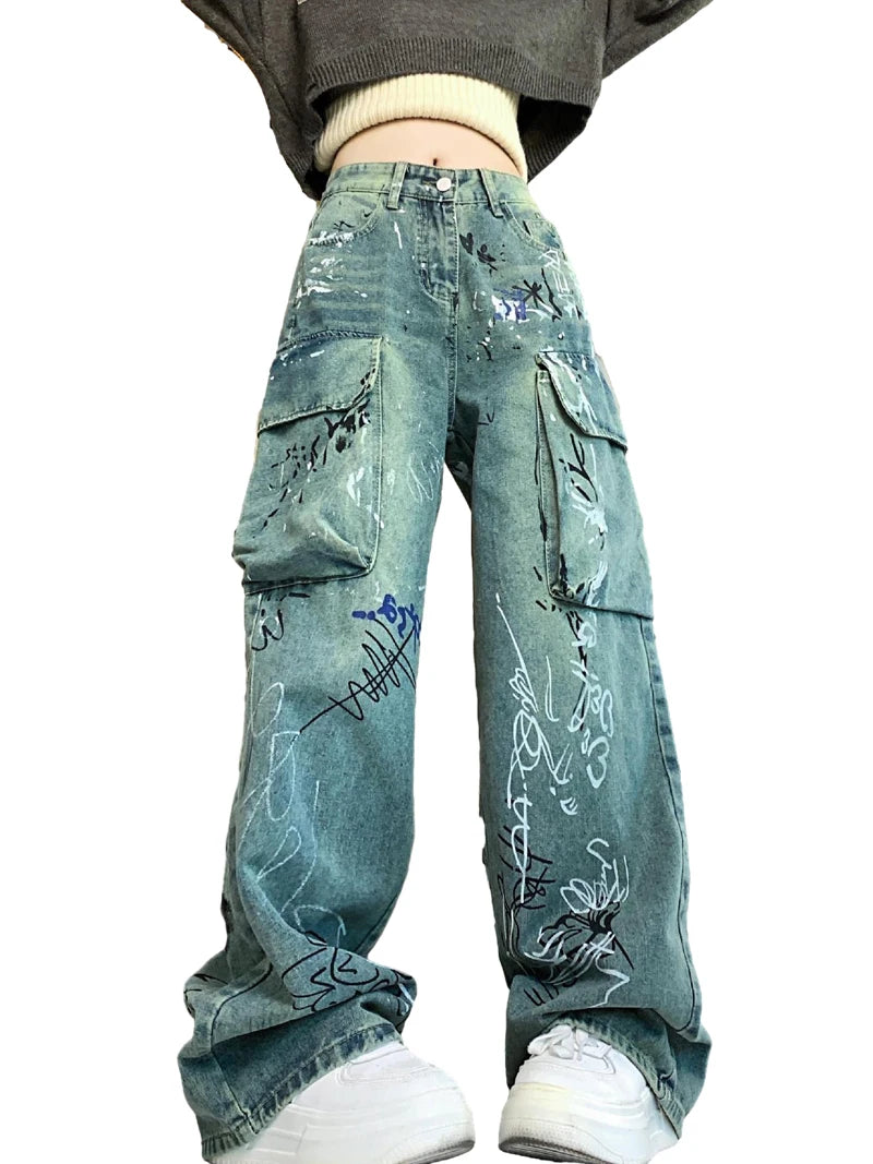graffiti printed denim jeans unisex side pocket straight cargo jean trousers hip hop streetwear casual loose joggers jeans pants unique joggers style 3701