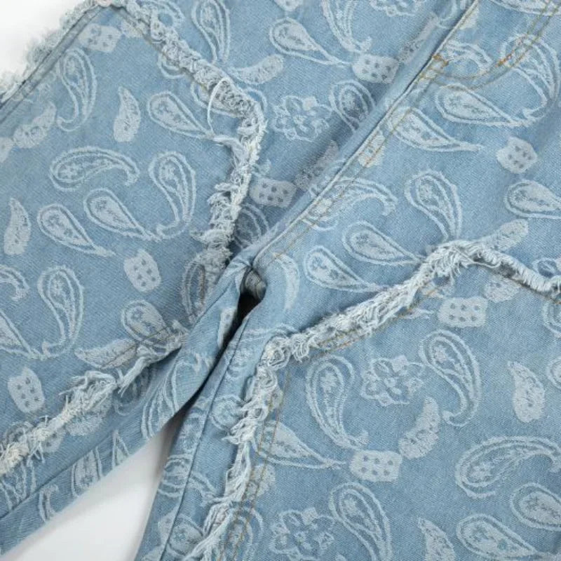 men distressed ripped patchwork paisley denim jean trouser fashion zipper biker jeans streetwear flare pants loose joggers jeans unique joggers style 5020