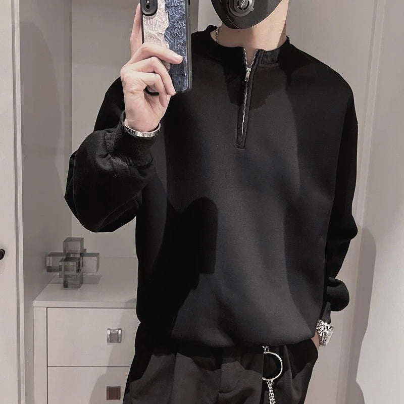 Spring Autumn Korean Casual Fashion Zipper Sweatshirt Man Business Loose All Match Male Pullover Tops Solid Streetwear Clothes