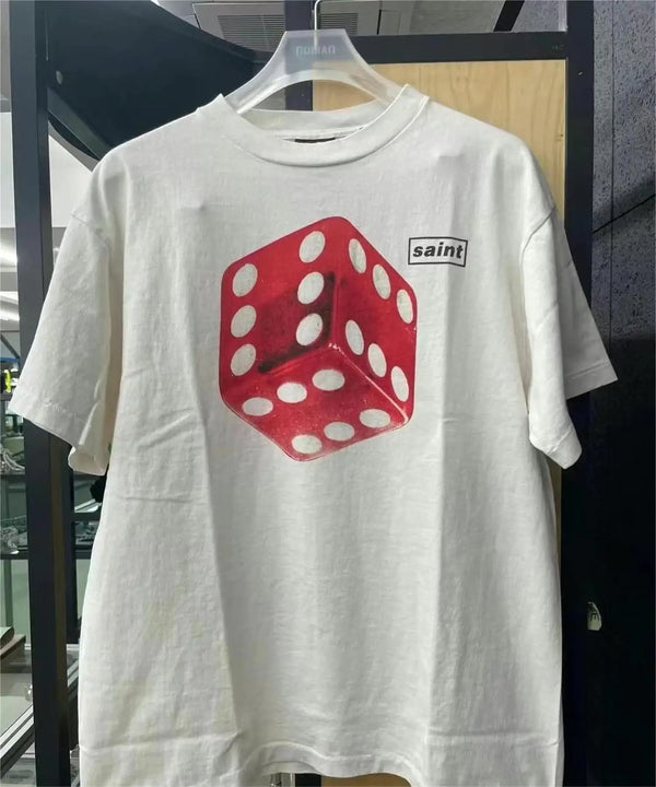 Summer Vintage Retro Dice Printing High-Street Casual Loose T-Shirt Tops