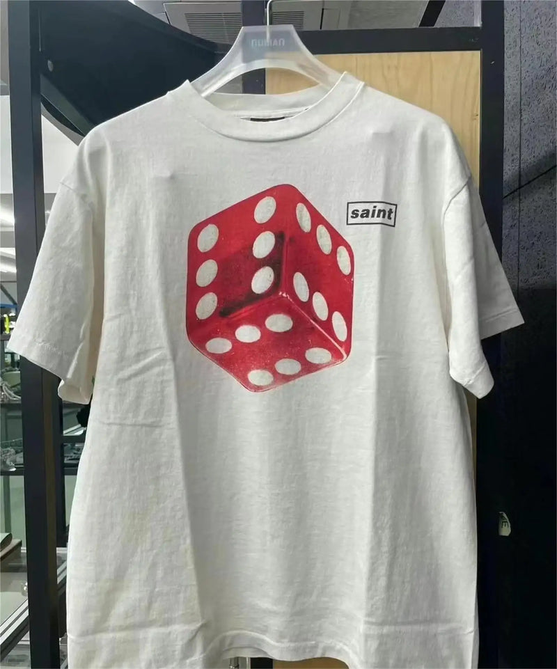 Summer Vintage Retro Dice Printing High-Street Casual Loose T-Shirt Tops