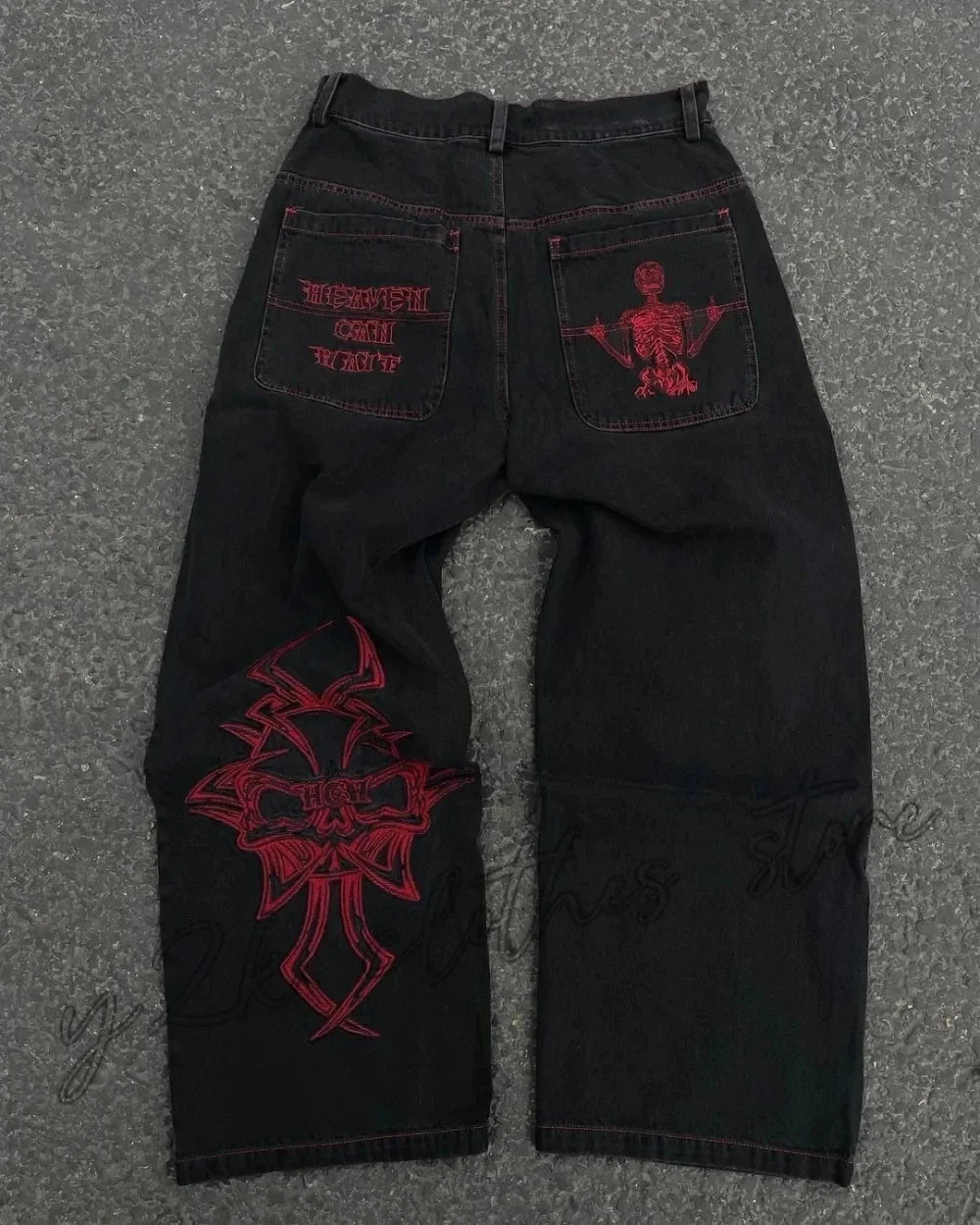 goth hip hop oversized skull embroidery pattern y2k baggy jeans new men and women straight black jeans retro casual denim pants unique jeans style 918