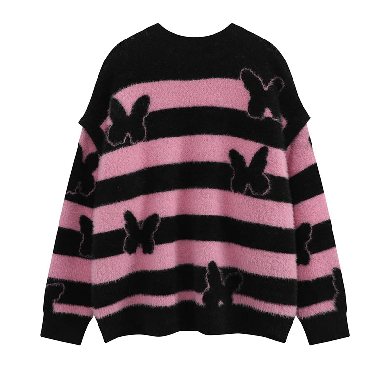 fashion striped sweaters women casual botton open sleeves butterfly knitted streetwear y2k warm furry o neck pullover knitwear - high quality cotton hoodie, anime inspired graphic hoodie, bold artwork streetwear hoodie