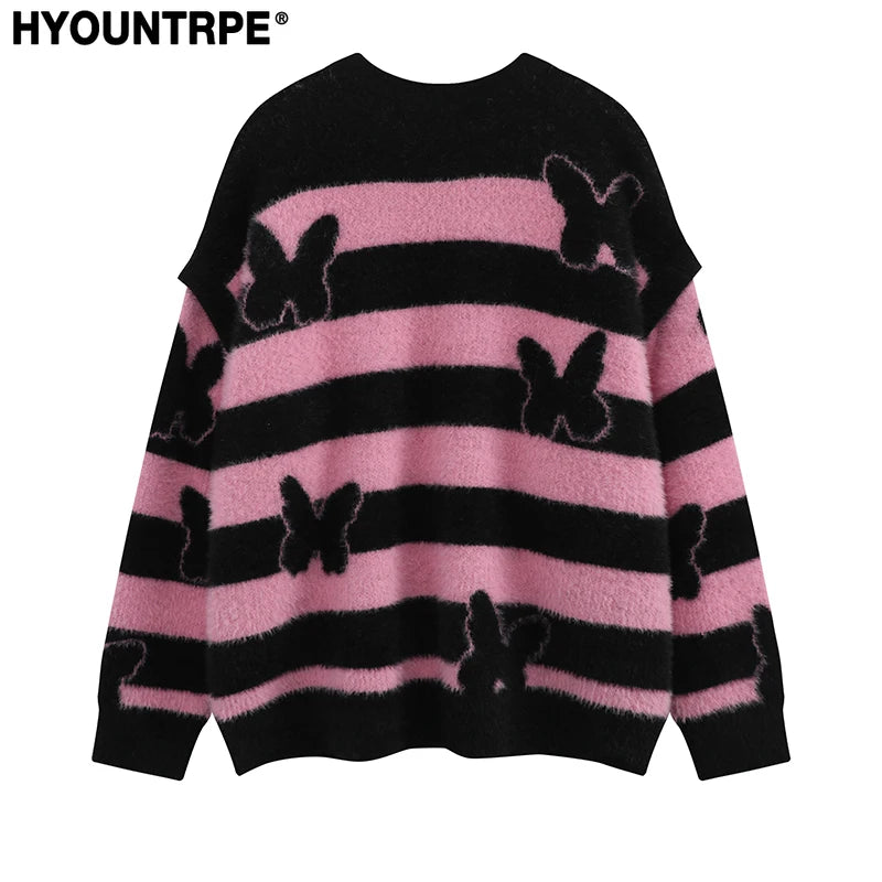 fashion striped sweaters women casual botton open sleeves butterfly knitted streetwear y2k warm furry o neck pullover knitwear - high quality cotton hoodie, anime inspired graphic hoodie, bold artwork streetwear hoodie
