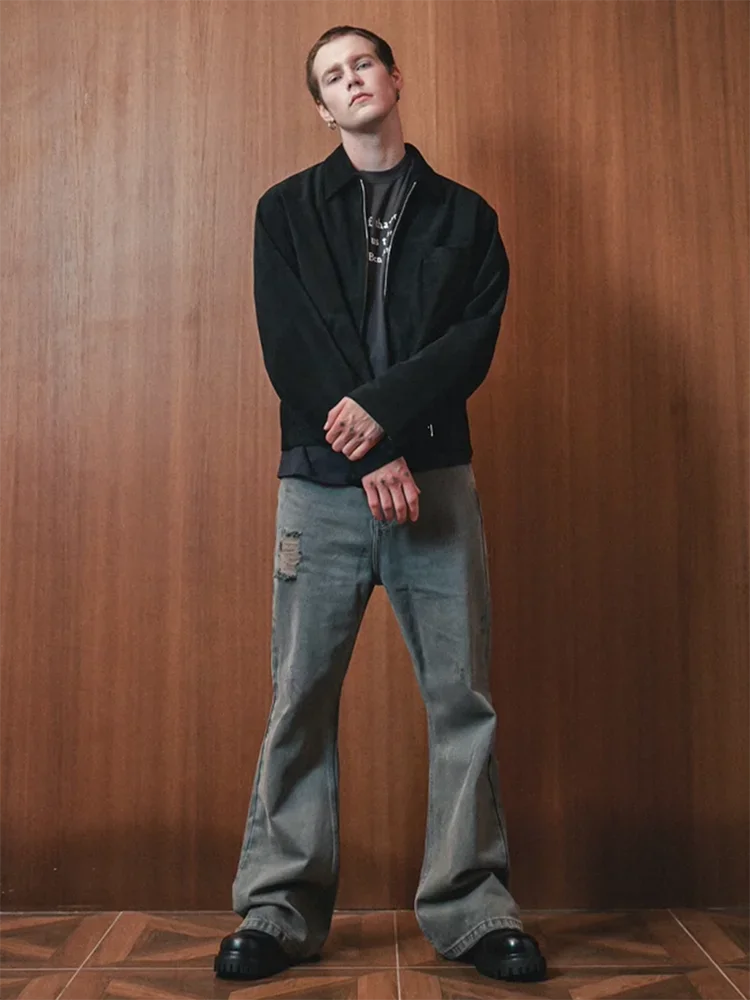 grey green damaged micro flared jeans mens straight streetwear y2k ropa hombre baggy denim trousers oversized casual cargo pants unique cargo style 1216