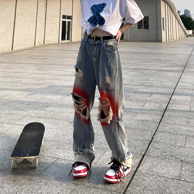 knee graffiti ripped holes denim jeans men unisex casual fire printed bottom zipper jeans streetwear hip hop jean pants joggers unique joggers style 3485