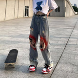 knee graffiti ripped holes denim jeans men unisex casual fire printed bottom zipper jeans streetwear hip hop jean pants joggers unique joggers style 3485