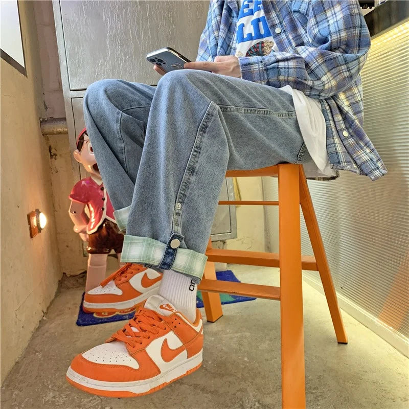autumn plaid cuffs wide leg jeans for men high street fashion straight denim pants mujer elastic y2k baggy blue jean trousers vintage washed jeans