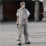 summer casual sleeveless set men hip hop loose hooded vest pockets straight leg cargo pants 2 piece outdoors sports camp suit unique cargo style 4406