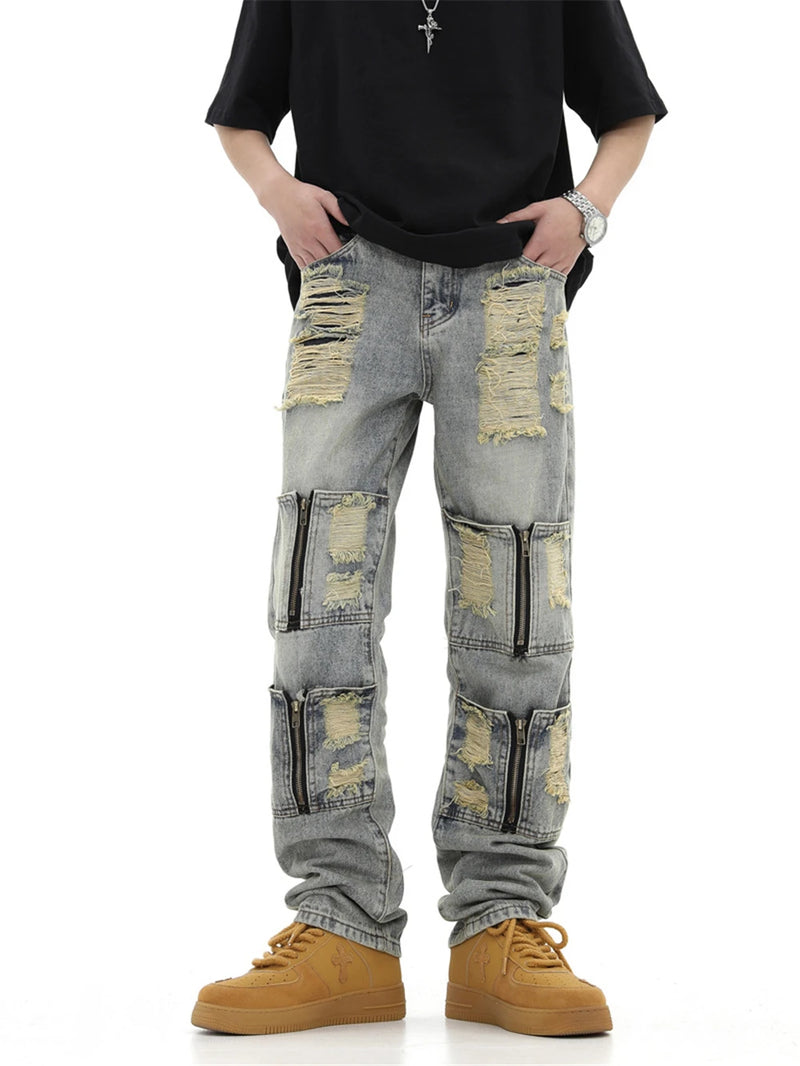 2024 ripped jeans high street straight trousers destroyed hole baggy denim pants vintage retro hip hop 1 unique jeans style 4627