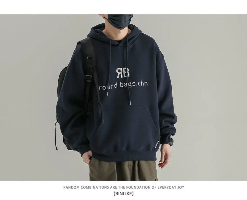 Fashionable Korean Personalized Hooded Sweatshirt Men's Letter Autumn and Winter Tops Japanese Casual Loose Pullover Jacket Tops