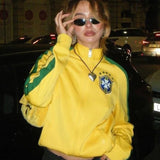 2000s Retro Grunge Gothic Jacket Coat Y2K Aesthetic Vintage Yellow Sweatshirts Letter Embroidery Graphic Pattern Zip Up Coat