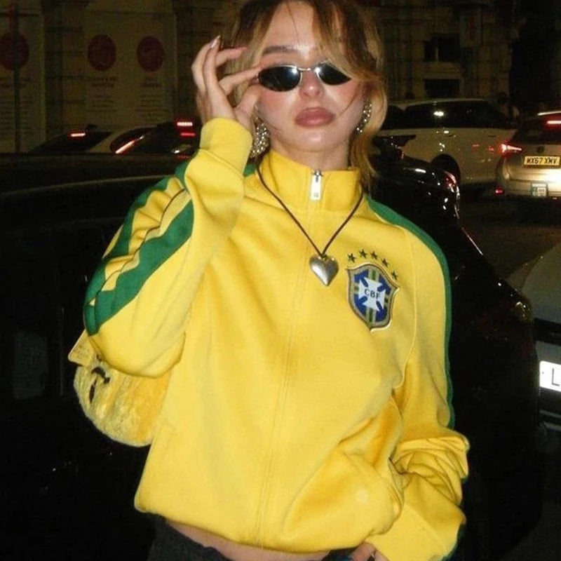2000s Retro Grunge Gothic Jacket Coat Y2K Aesthetic Vintage Yellow Sweatshirts Letter Embroidery Graphic Pattern Zip Up Coat
