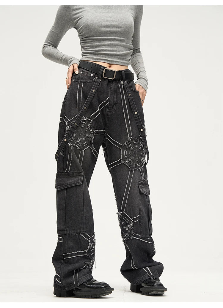 punk belt denim jeans pants women harajuku streetwear side pocket cotton men unisex casual baggy joggers straight pants trousers unique joggers style 4369