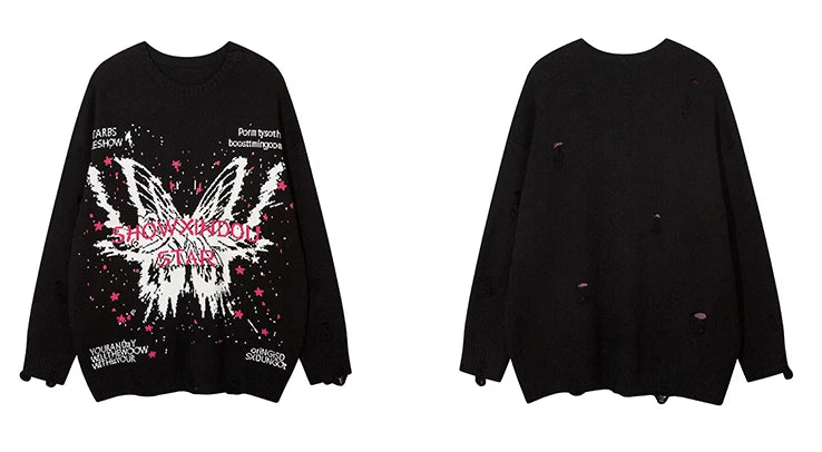 fashion butterfly knitted oversized sweater unisex o neck ripped holes knit pullover streetwear unisex loose sweaters clothing Y2K vintage urban hoodie, oversized graphic print design, streetwear fashion hoodie