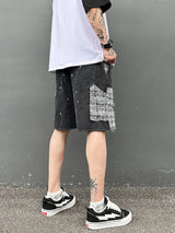 ripped holes patchwork denim jeans shorts mens high street straight short jeans hip hop streetwear casual short joggers pants sporty tapered joggers