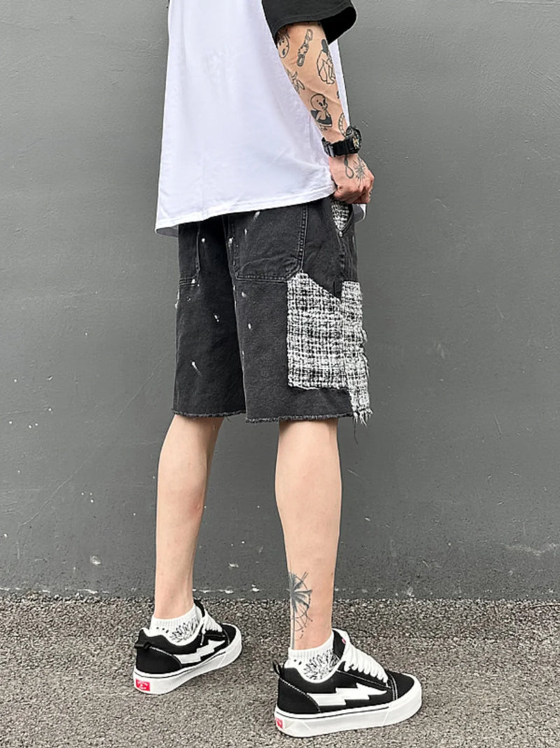 ripped holes patchwork denim jeans shorts mens high street straight short jeans hip hop streetwear casual short joggers pants sporty tapered joggers
