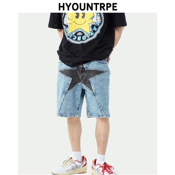 hip hop loose denim shorts pants fashion patchwork stars half pant men summer casual zipper streetwear short joggers men shorts streetwear sweatpants