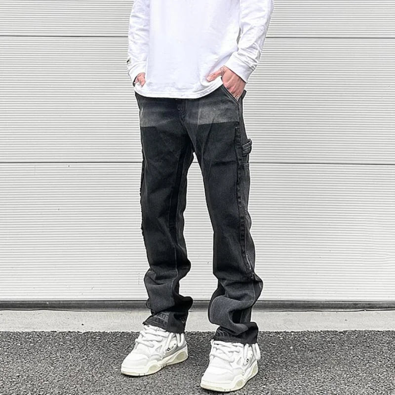 patchwork design denim flare jeans pants men casual zipper straight biker trousers jeans fashion streetwear hip hop jean joggers sporty tapered joggers