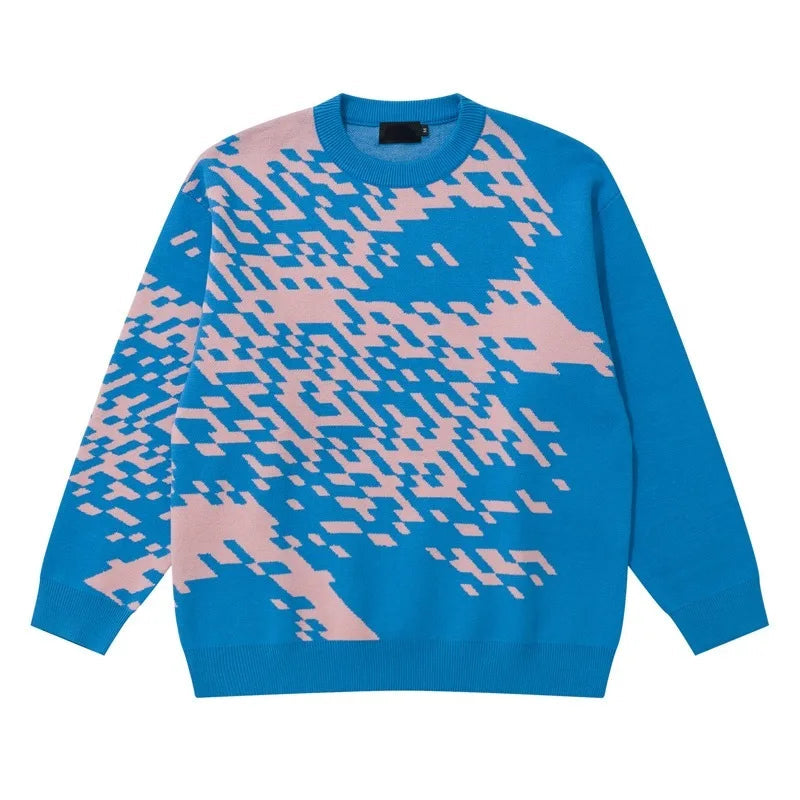 mens knitted sweater fashion pixel abstraction human face pullovers casual o neck unisex harajuku streetwear loose knit jumpers - vintage look oversized hoodie, Y2K grunge street style, unisex casual winter pullover