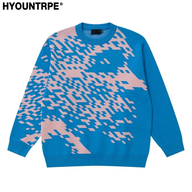 mens knitted sweater fashion pixel abstraction human face pullovers casual o neck unisex harajuku streetwear loose knit jumpers - vintage look oversized hoodie, Y2K grunge street style, unisex casual winter pullover