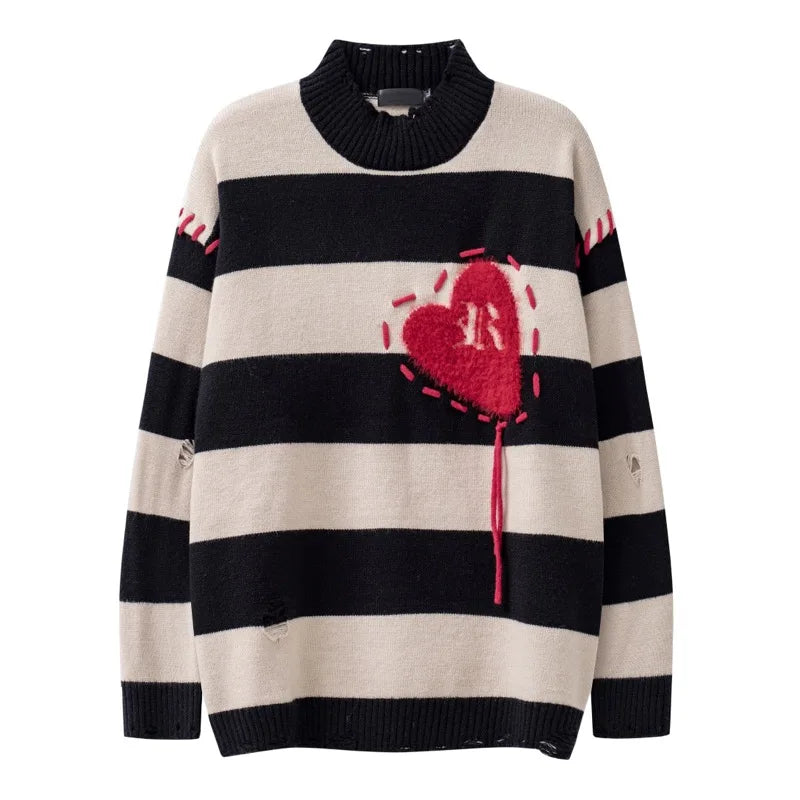 hip hop destroyed ripped holes knitted sweater mens casual y2k striped o neck pullover sweater unisex harajuku streetwear jumper - vintage look oversized hoodie, gothic aesthetic hoodie for winter, high quality cotton hoodie
