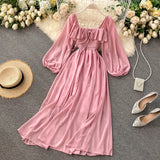 Chic Elegant Square Collar Maxi Dress Women Solid Chiffon Puff Sleeve Dresses 2023 Korean Fashion Vintage Ruffle Vestidos