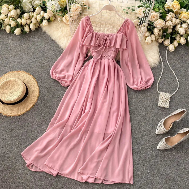 Chic Elegant Square Collar Maxi Dress Women Solid Chiffon Puff Sleeve Dresses 2023 Korean Fashion Vintage Ruffle Vestidos