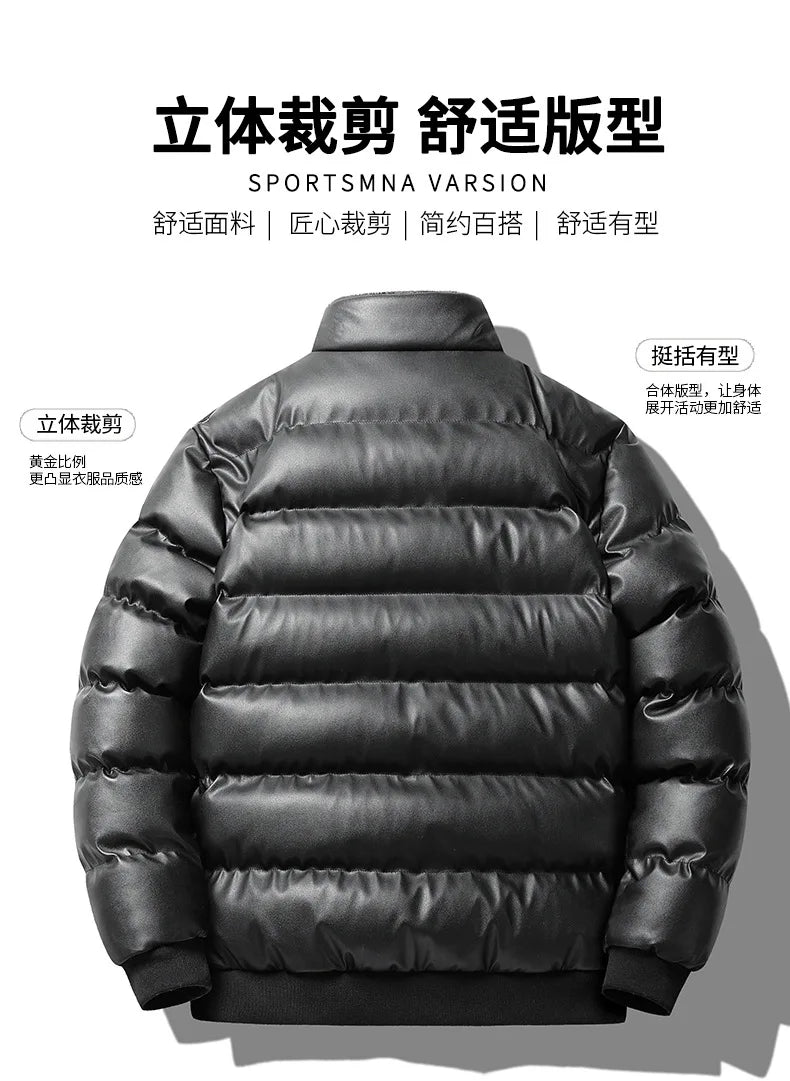 Winter new men's cotton thickened jacket slim stand-up collar splicing PU leather large pocket cotton-padded coat men