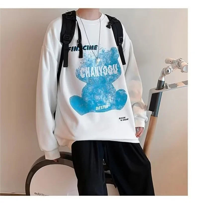 Graphic Blue Bear Kawaii Print Pullovers Hoodies For Men Autumn Fleece